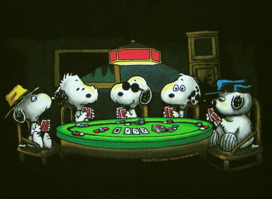 Snoopy, Spike and some other dogs playin poker